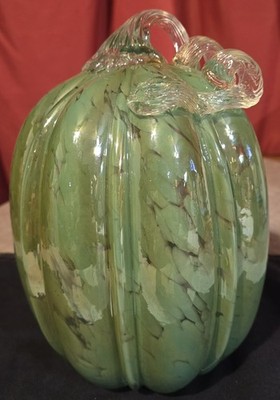 Vintage Hand Blown Mottled Teal Green Ribbed Large Pumpkin with Clear Stem...