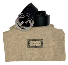 Gucci Auth Men 95 cm 38 in Black Smooth Leather GG Silver Buckle Belt Dust Bag