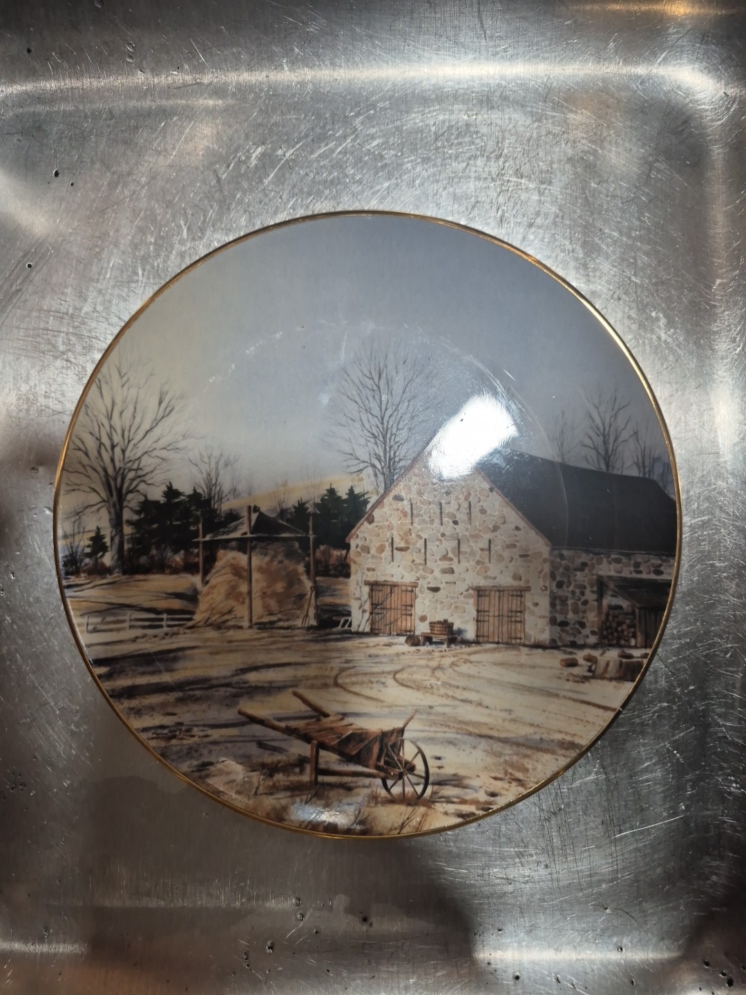 Vintage 1980 Byron Molds 12.75 in 3D Ceramic Wall Plate~Barn In Winter Scene