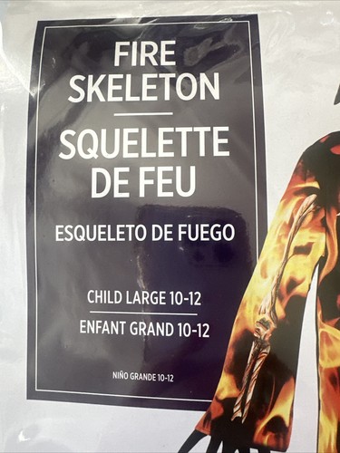 Fire Skeleton Costume 2 Pcs Hooded Robe & Mask Halloween Child L 10-12 - Picture 6 of 9