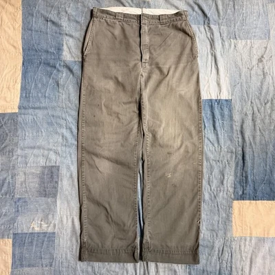 Vtg 1950s Faded Black Olive Chino Work Pants 33x31 Distressed Wide Leg Sanforize - Image 1 of 4