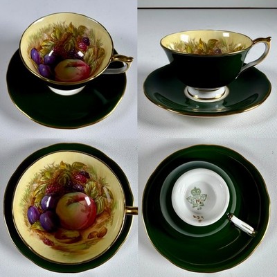 Aynsley England Green Tea Cup & Saucer SIGNED D. JONES Fruit Interior Gold