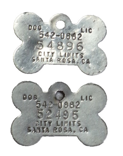SANTA ROSA CITY LIMITS CAL. 2 VINTAGE DOG LICENSE CHARM TAGS SILVER TONE METAL