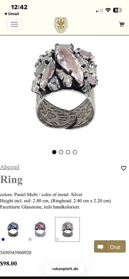 Anel de vidro rosa pastel metal prata Begail original Konplott  - Imagem 4 de 4