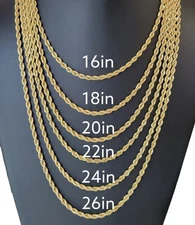 Stainless Steel Gold Plated  Rope Chain Necklace 4mm Size 16" to 26" Unisex, Men