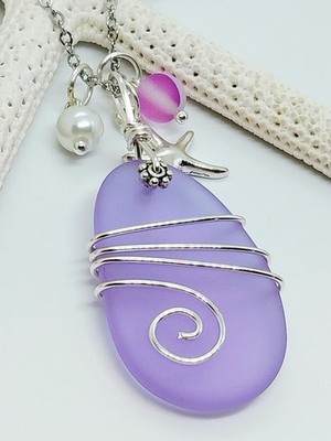 Sea Glass Necklace Jewelry w/ Lavender Pendant Silver Wire Wrapped Handcrafted