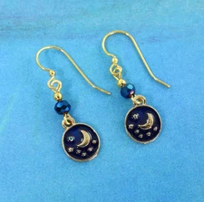 Navy & Gold Crescent Moon Star Dangle Earrings, Night Celestial Jewelry |EC5-32
