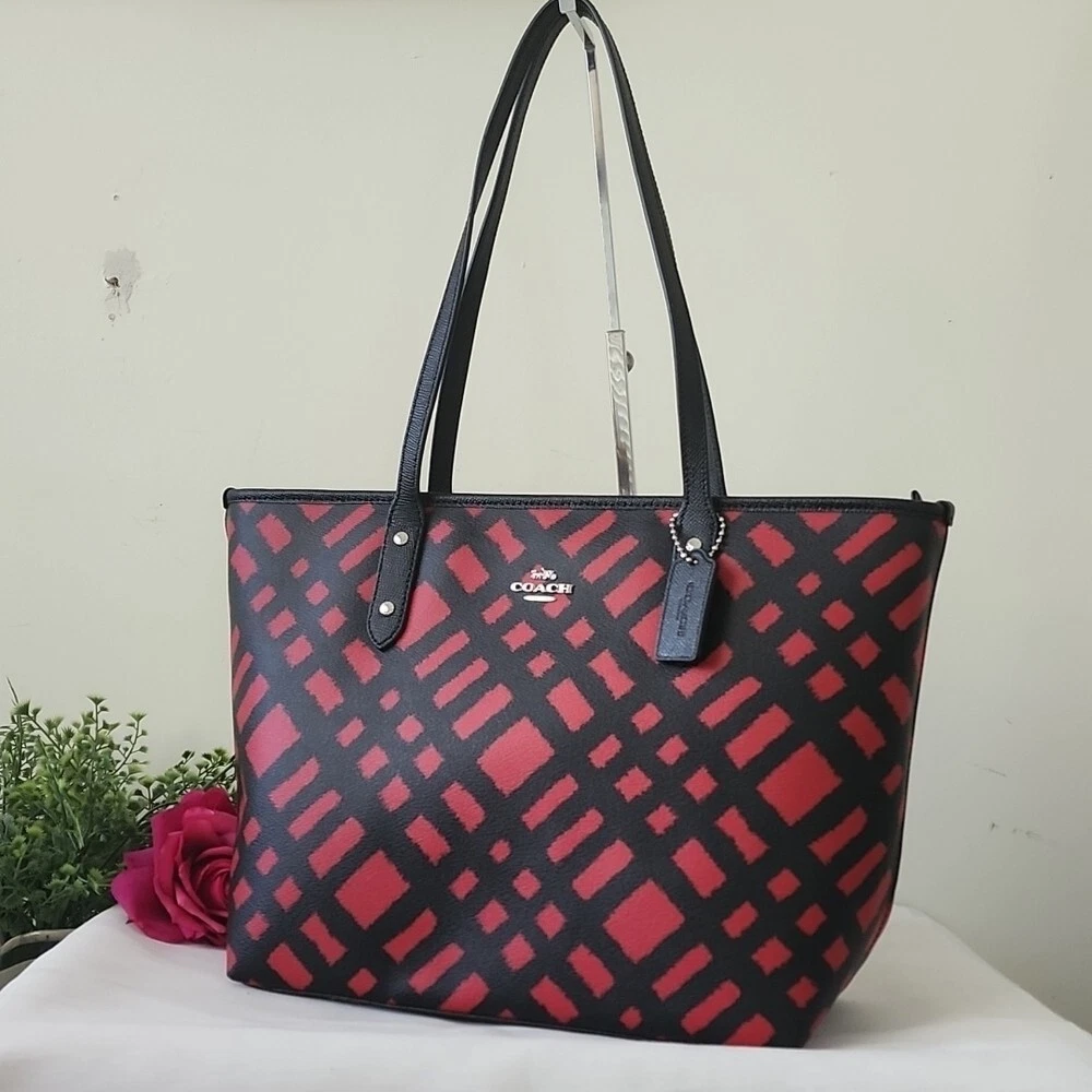 Coach Red Wild Plaid Coated Canvas Leather Trim Mini City Zip Tote
