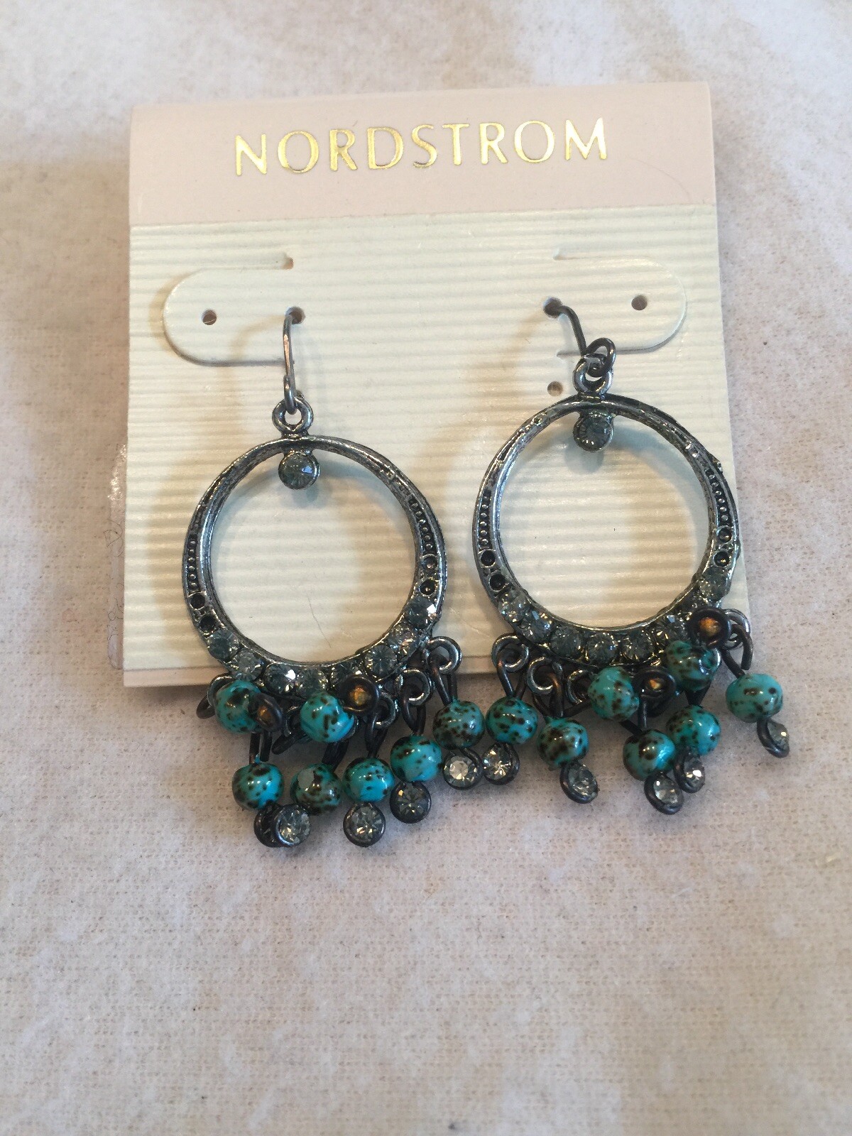 Nordstrom Silver-Plated Hoop Earrings with Turquoise Bead Crystal Dangles - New $75