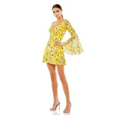Ieena Mac Duggal Yellow Floral Bell Sleeve Mini Dress Size 12 $238