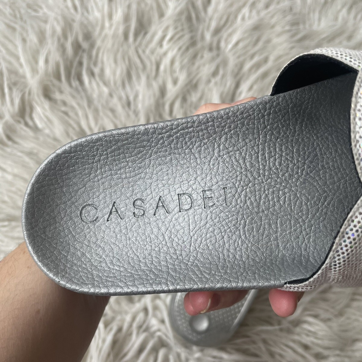 Casadei White Silver Glitter Metallic Vegan Leather Slides