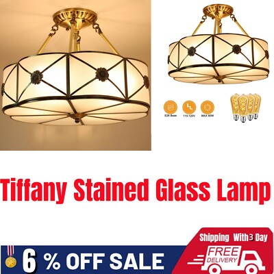 Vintage Ceiling Light Chandelier Stained Glass Lamp Flush Mount Fixture Tiffany
