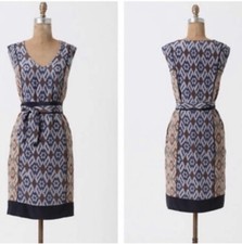 Anthropologie Coquille Silk Sheath Dress Bohemian Ikat V-Neck Shift Pockets