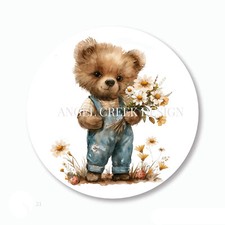 Adorable Teddy Bear with Daisies Labels Stickers Envelope Seals Labels