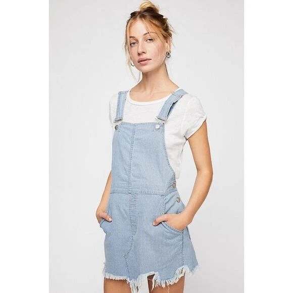 Free People Womens Lightwash Striped Denim Frayed Hem Overall