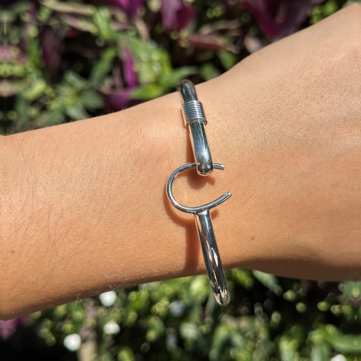Sterling Silver Shiny Horseshoe Hook Clasp Stacking Bangle