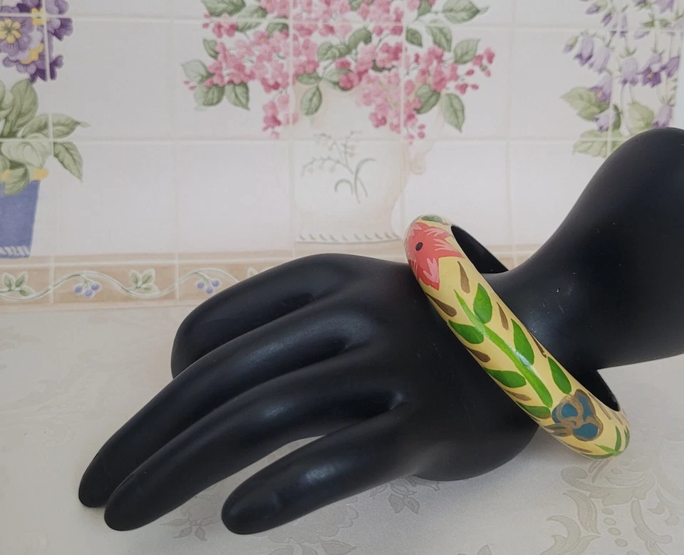 Brazalete Brazalete Arte Floral Flor Coral Amarillo Multicolor Madera Pintado a Mano De Colección Foto 3 de 4