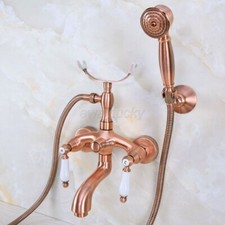 Wall Mount Red Copper Clawfoot Bath Tub Filler Faucet Set Handheld Shower