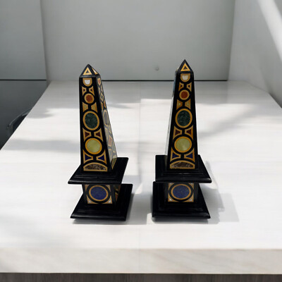 12''Black Marble Obelisk Pair with Handcrafted Pietradura Inlay Work Living Decor