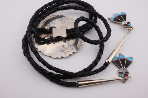Handcrafted Zuni Sun Face Inlay Bolo Tie Native American Sterling Silver Signed - Picture 5 of 9