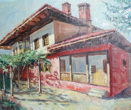 Vintage oil painting old country house with vine trellis porch landscape - Picture 1 of 17