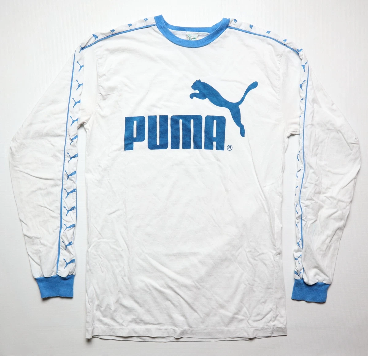 PUMA 1980s 80s VINTAGE LONG SLEEVE SHIRT JERSEY WHITE BIG LOGO