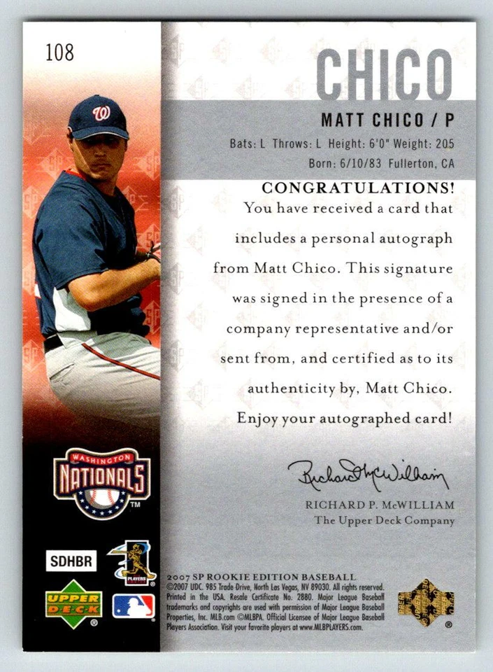 2007 SP Rookie Edition AUTO #108 Matt Chico (ref 210453) - Image 2 of 2