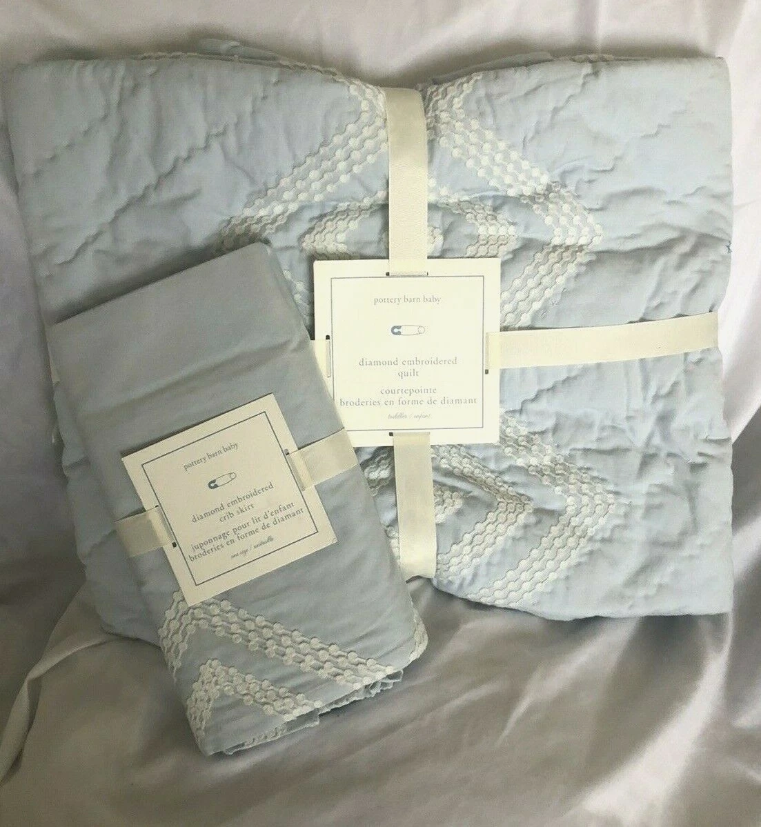 Pottery Barn Kids Diamond Embroidered Blue Toddler Crib Bedding Quilt Skirt NWT