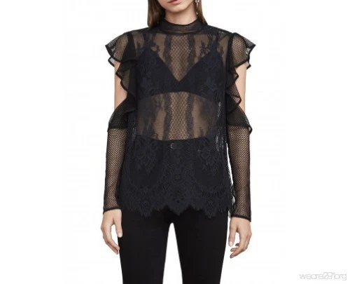 NEW BCBG MAXAZRIA BLACK SABIAN COLD SHOULDER LACE TOP GUD1Z543