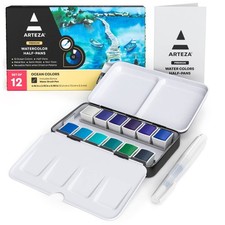 Watercolor Paint Set 12 Ocean Tones Half Pans With Brush Semi Moist Colors