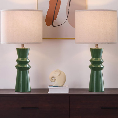 25'' Green Ceramic Table Lamp Set of 2-3-Way Dimmable Nightstand Lamps with Palli