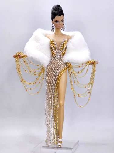 Beads Dress Outfit Gown White Fur For Barbie Silkstone Fashion Royalty FR Mizi