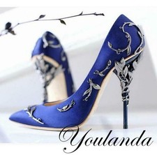 Womens Satin High Heels Metal Stilettos Leaf Pointed Toe Pumps Shoes Wedding Hot