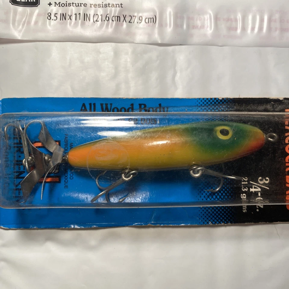 Señuelo de pesca vintage cuerpo de madera doble cola utilería Luhr Jensen nuevo en paquete Muskie Foto 3 de 4