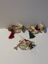 Lot of 3 Brass Instrument Christmas Ornaments – Horn & 2 Trumpets w/ Sheet Music
