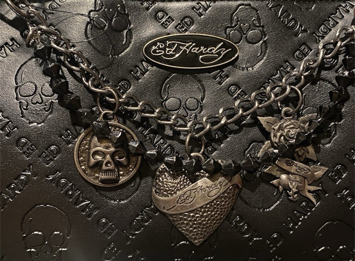 Ed Hardy Black Skull & Logo Embossed Shoulder Bag w/Chain Charms