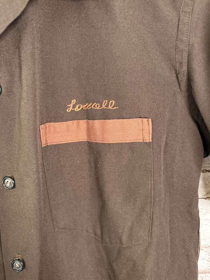 Vintage Gabardine Brown Embroidered Bowling Shirt Rockabilly L / XL - Image 3 of 4