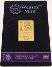 George and The Dragon 1/1000 oz 999,9 Fine Gold Bullion Bar by Wessex Mint