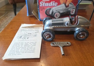 Vintage Schuco Studio 1050 Mercedes Grand Prix Wind Up Tin Toy Car Box Tools etc
