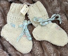 VtG Crochet Knit Baby Booties Socks White Blue Lace Christening Shoes
