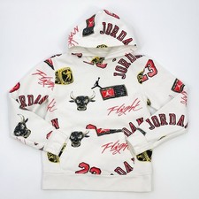 NIKE Air Jordan Brooklyn Hoodie White Bulls All Over Print Boys Medium M