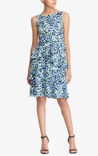 Lauren Ralph Lauren Floral Layered Ruffle Dress Womens 8 Blue Sleeveless Stretch