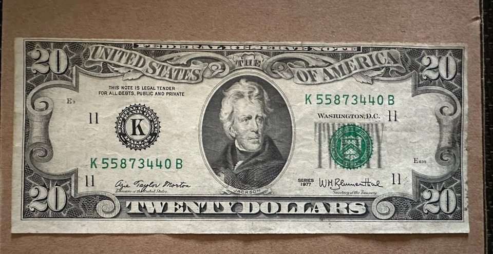 1977 Series Legal Tender $20 Twenty Dollar Bill RARE Uneven Cut K55873440B - Image 3 of 4