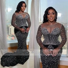 Luxurious Black Glitter Ball Dress Long Sleeve Beaded Crystal Lace Evening Gown