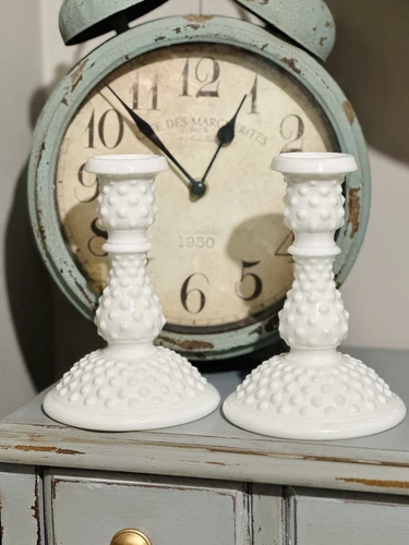 Pair Of VTG White Milk Glass Hobnail Taper Candle Holders 6" USA