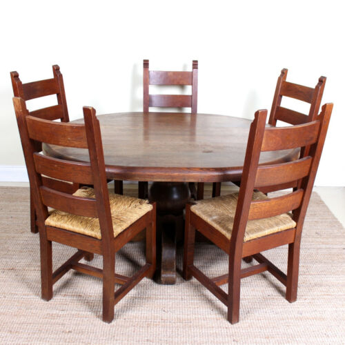 Antique Oak Dining Table And 5 Chairs Country Arts Crafts Rustic Rush Country - Picture 1 of 12