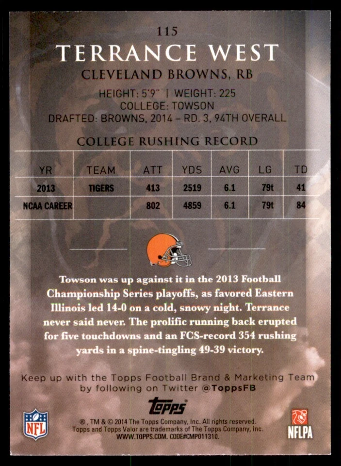 2014 Topps Valor Terrance West Baseball Cards #115 - Image 2 of 2