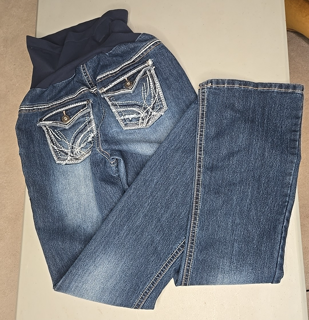 Indigo Blue Maternity Pull on Jeans Size M Stretch Full Belly Panel Distressed