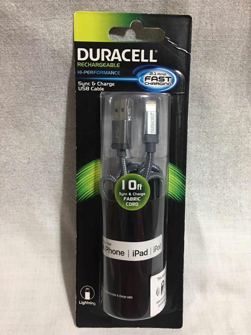 DURACELL 10Ft Sync & Charge USB Cable for iPhone 5 to 14