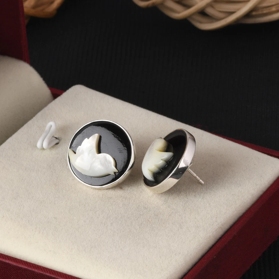 Mother Of Pearl Dove Bird Stud Earring With Black Onyx Silver Sterling Jewelry - Image 3 of 4